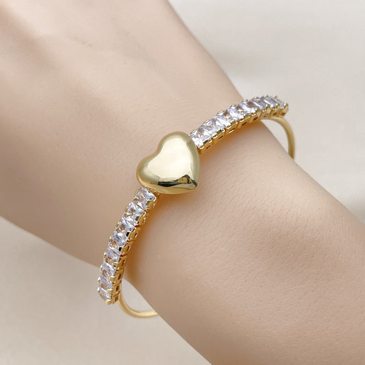 Oro Laminado Individual Bangle, Gold Filled Style Heart and Baguette Design, with White Cubic Zirconia, Polished, Golden