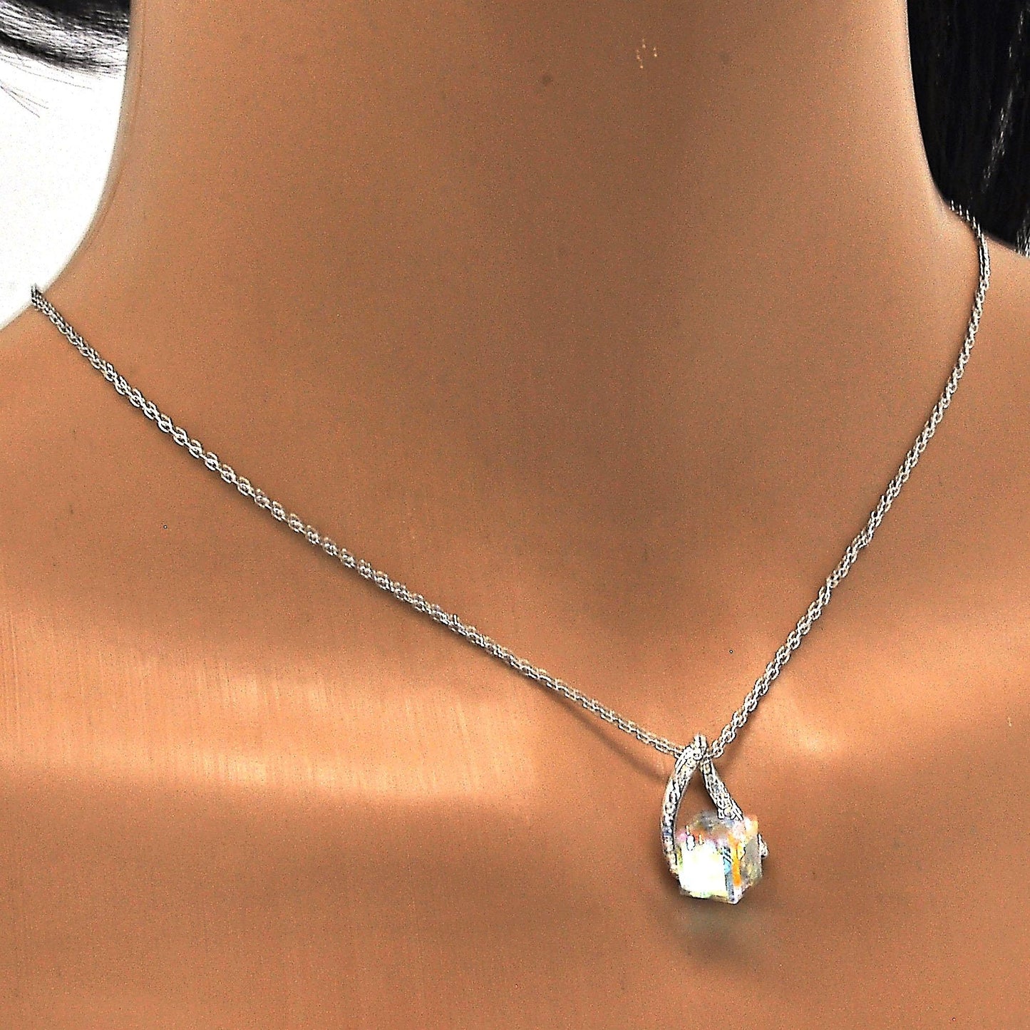 Rhodium Plated Pendant Necklace, with Aurore Boreale and Aurore Boreale Swarovski Crystals, Polished, Rhodium Finish