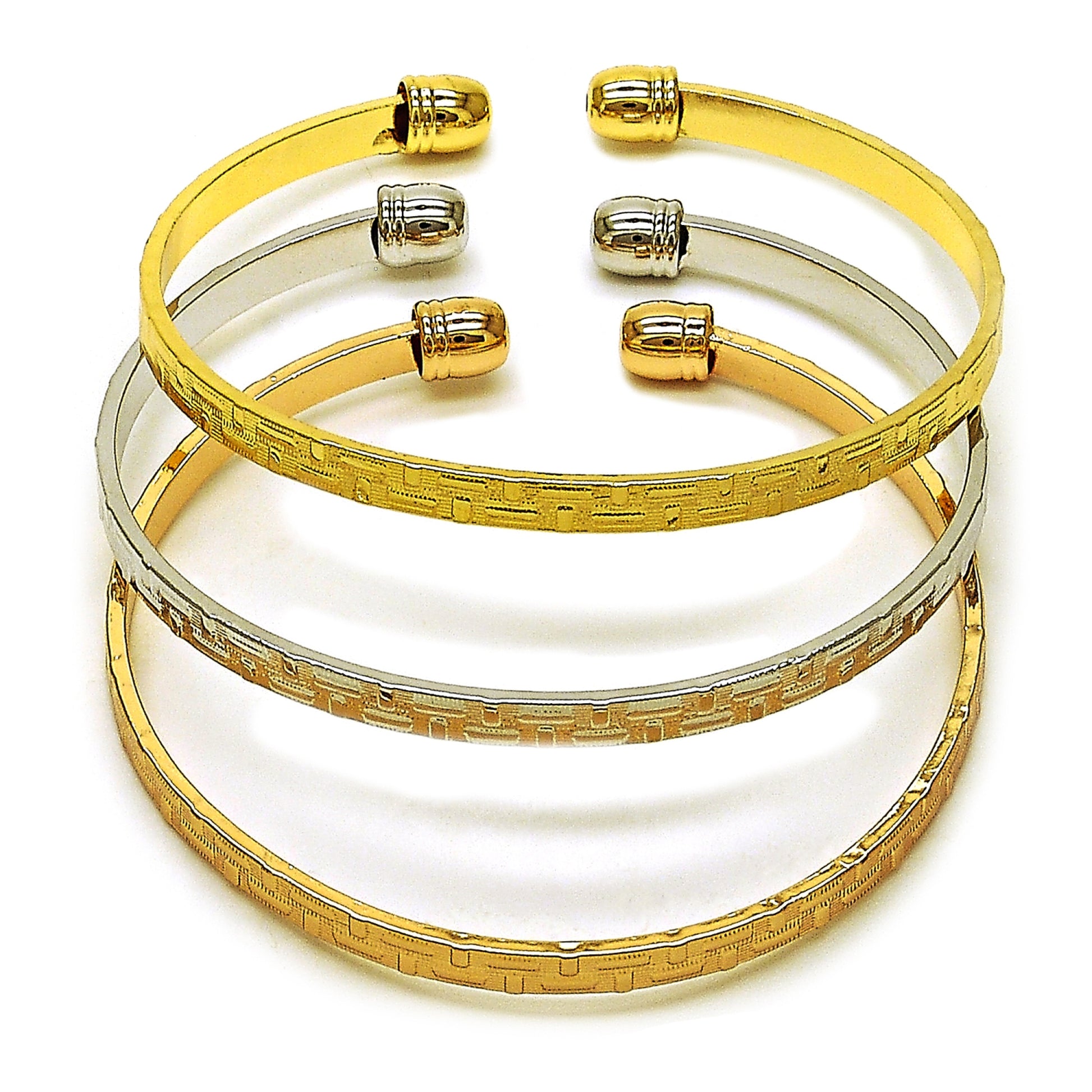 Oro Laminado Trio Bangle, Gold Filled Style Greek Key Design, Diamond Cutting Finish