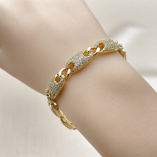 Oro Laminado Fancy Bracelet, Gold Filled Style Puff Mariner and Figaro Design, with White Cubic Zirconia, Polished, Golden Finish