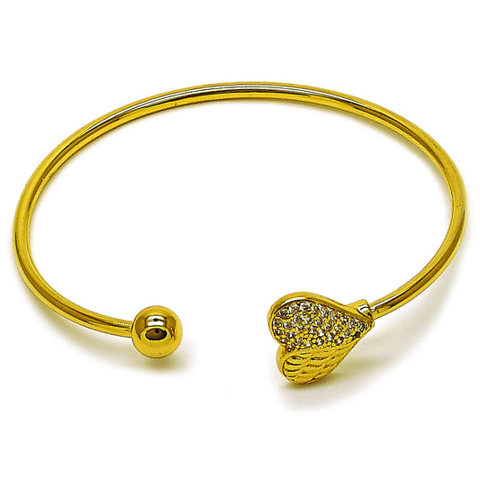 Gold Plated Gold Filled Oro Laminado Oro Laminado Individual Bangle, Gold Filled Style Heart and Ball Design, with White Cubic Zirconia, Polished, Golden 