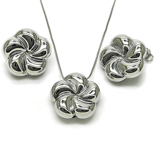 Rhodium Plated Earring and Pendant Adult Set, Flower and Hollow Design, Polished, Rhodium