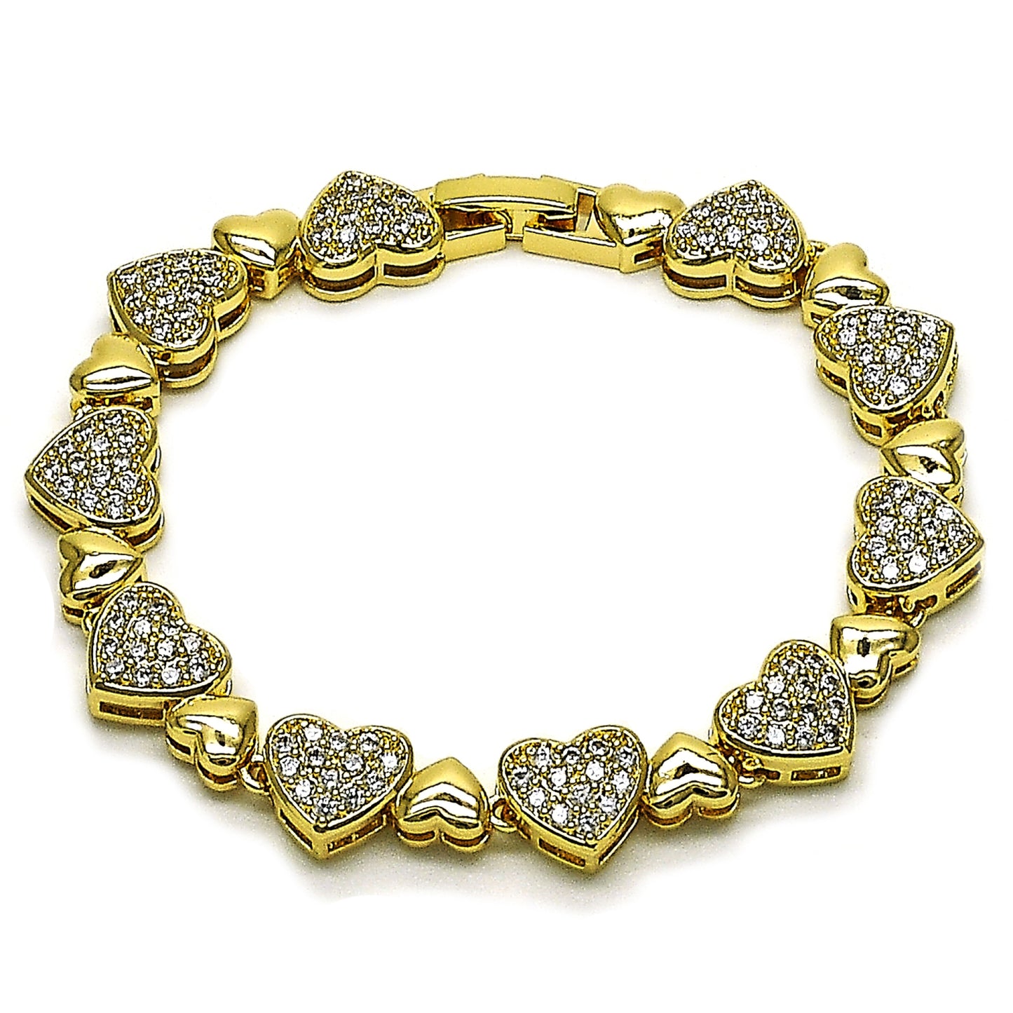 Oro Laminado Tennis Bracelet, Gold Filled Style Heart Design, with White Cubic Zirconia, Polished, Golden Finish