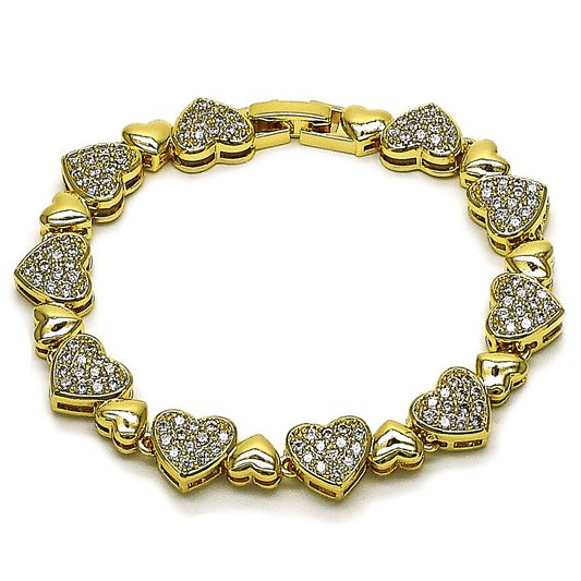 Oro Laminado Tennis Bracelet, Gold Filled Style Heart Design, with White Cubic Zirconia, Polished, Golden Finish