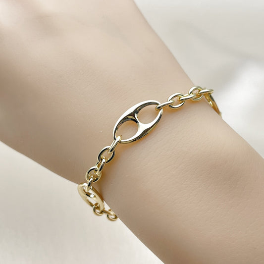 Oro Laminado Fancy Bracelet, Gold Filled Style Mariner and Rolo Design, Polished, Golden Finish