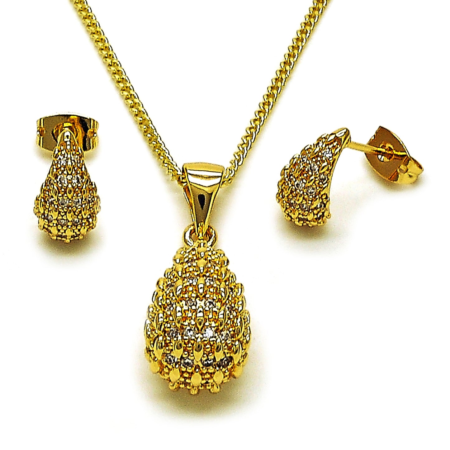 Oro Laminado Earring and Pendant Adult Set, Gold Filled Style Teardrop Design, with White Cubic Zirconia and White Micro Pave, Polished, Golden Finish