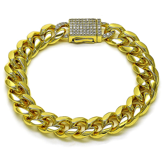 Gold Plated Gold Filled Oro Laminado Oro Laminado Fancy Bracelet, Gold Filled Style Chunky Design, with White Micro Pave, Polished, Golden 