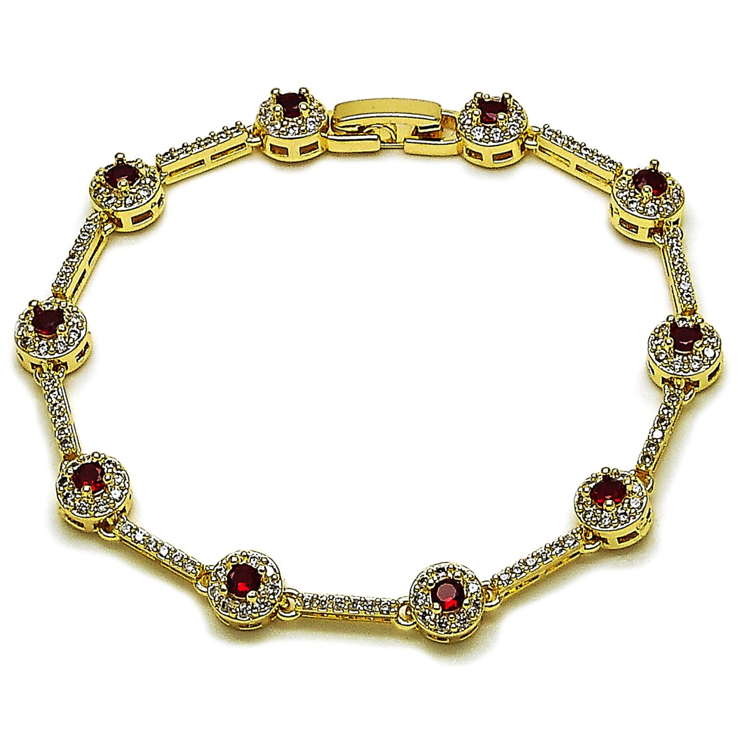 Gold Plated Gold Filled Oro Laminado Oro Laminado Tennis Bracelet, Gold Filled Style Cluster Design, with Garnet and White Cubic Zirconia, Polished, Golden 
