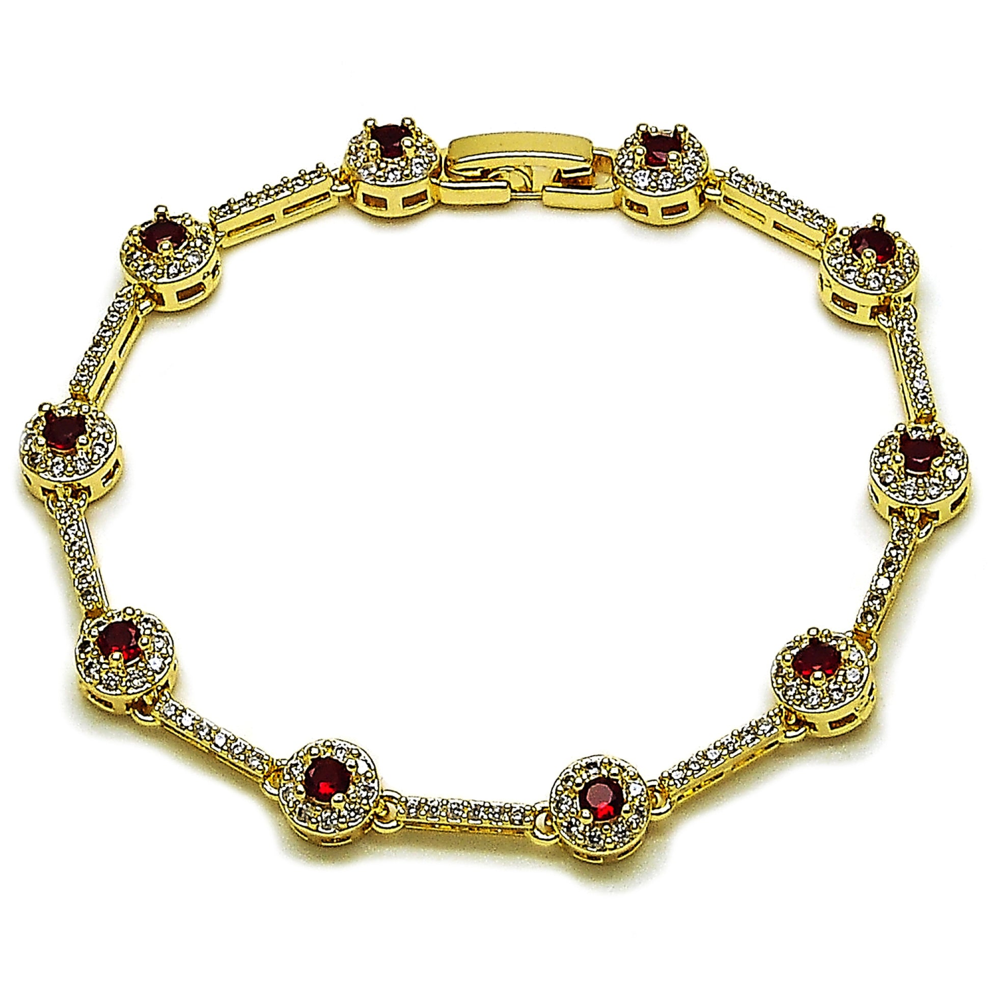 Gold Plated Gold Filled Oro Laminado Oro Laminado Tennis Bracelet, Gold Filled Style Cluster Design, with Garnet and White Cubic Zirconia, Polished, Golden 