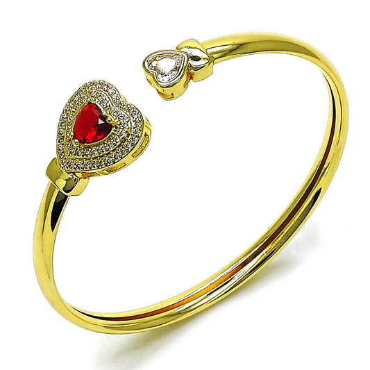 Gold Plated Gold Filled Oro Laminado Oro Laminado Individual Bangle, Gold Filled Style Heart and Cluster Design, with Garnet and White Cubic Zirconia, Polished, Golden 