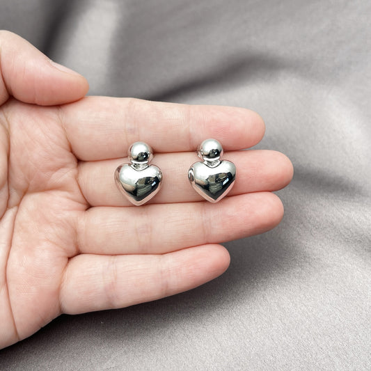 Rhodium Plated Stud Earring, Chunky and Ball Design, Polished, Rhodium Finish