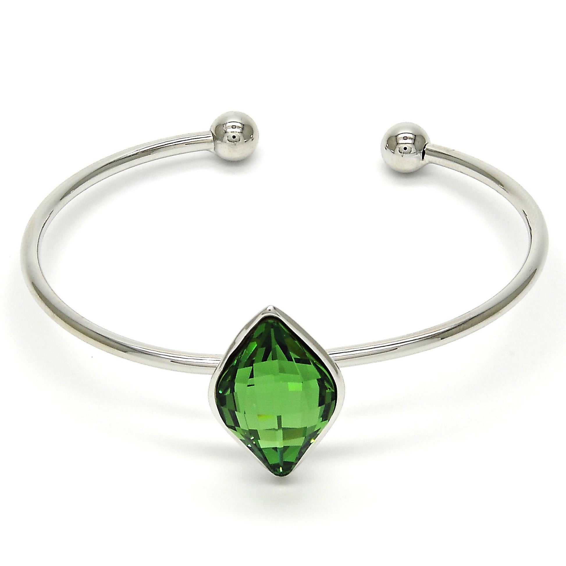 Rhodium Plated Individual Bangle, with Fern Green Swarovski Crystals, Polished, Rhodium Finish