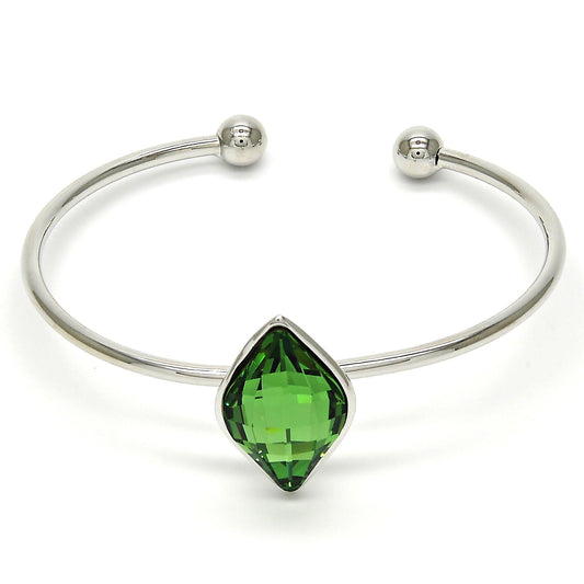 Rhodium Plated Individual Bangle, with Fern Green Swarovski Crystals, Polished, Rhodium Finish