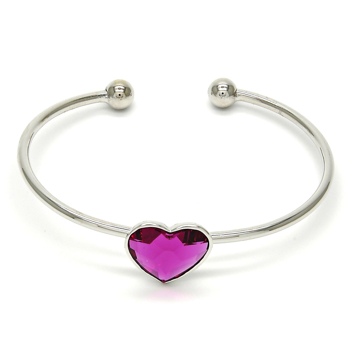 Rhodium Plated Individual Bangle, Heart Design, with Rose Swarovski Crystals, Polished, Rhodium Finish
