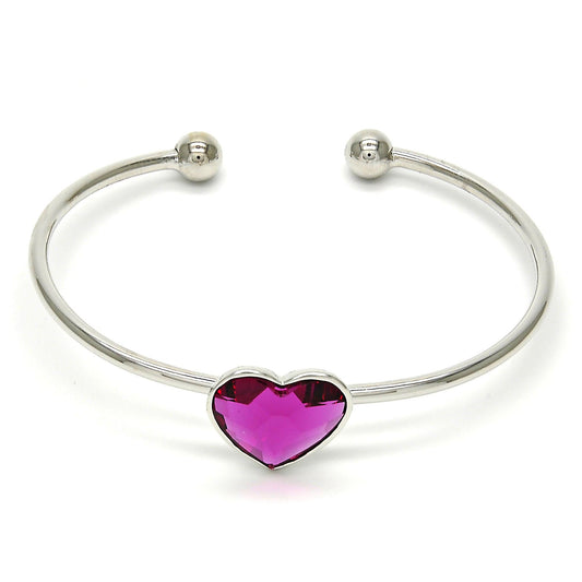Rhodium Plated Individual Bangle, Heart Design, with Rose Swarovski Crystals, Polished, Rhodium Finish