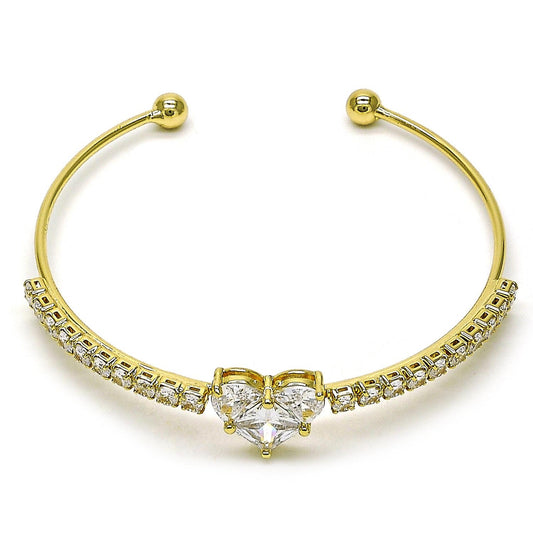 Gold Plated Gold Filled Oro Laminado Oro Laminado Individual Bangle, Gold Filled Style Heart and Cluster Design, with White Cubic Zirconia, Polished, Golden 