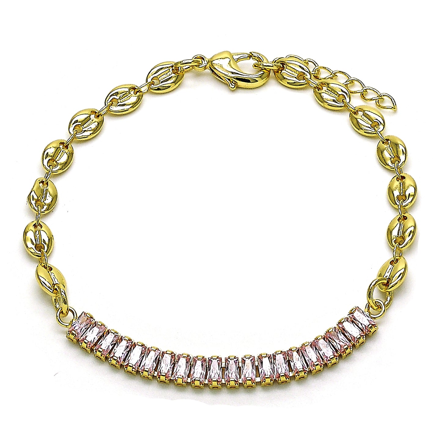 Oro Laminado Fancy Bracelet, Gold Filled Style Puff Mariner Design, with Pink Cubic Zirconia, Polished, Golden Finish