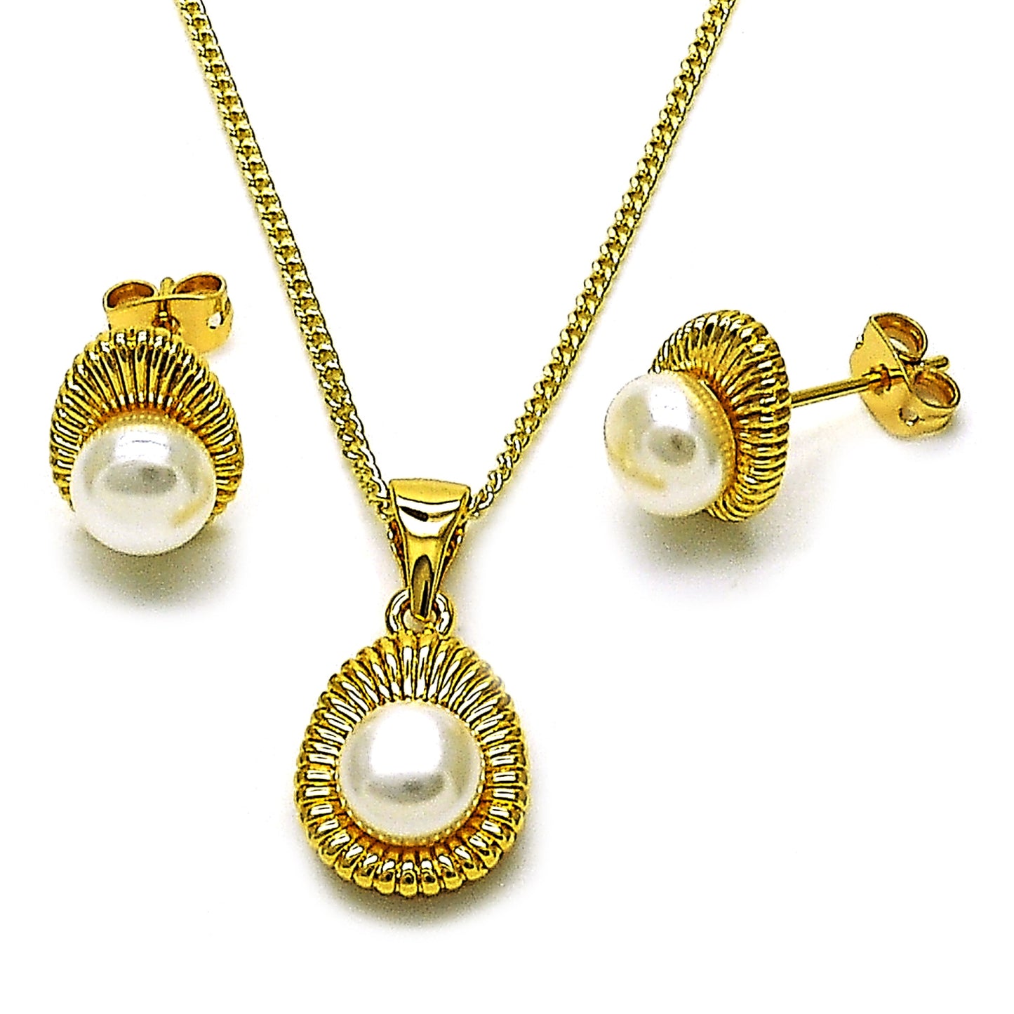 Oro Laminado Earring and Pendant Adult Set, Gold Filled Style Teardrop Design, with Ivory Pearl, Polished, Golden Finish