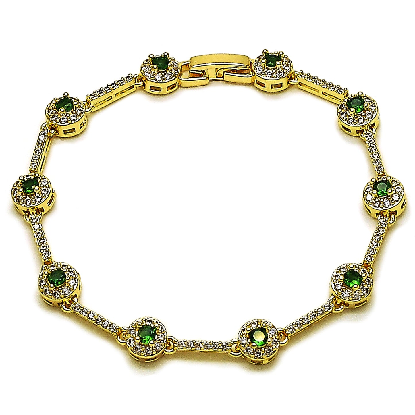 Gold Plated Gold Filled Oro Laminado Oro Laminado Tennis Bracelet, Gold Filled Style Cluster Design, with Green and White Cubic Zirconia, Polished, Golden 