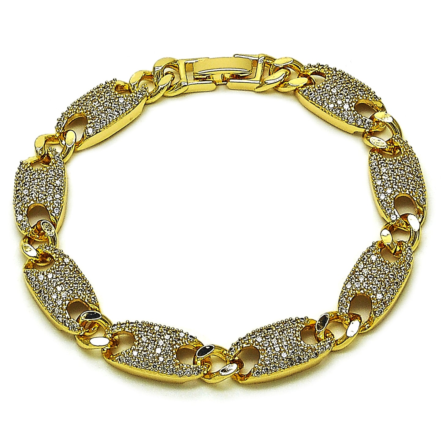 Oro Laminado Fancy Bracelet, Gold Filled Style Puff Mariner and Figaro Design, with White Cubic Zirconia, Polished, Golden Finish