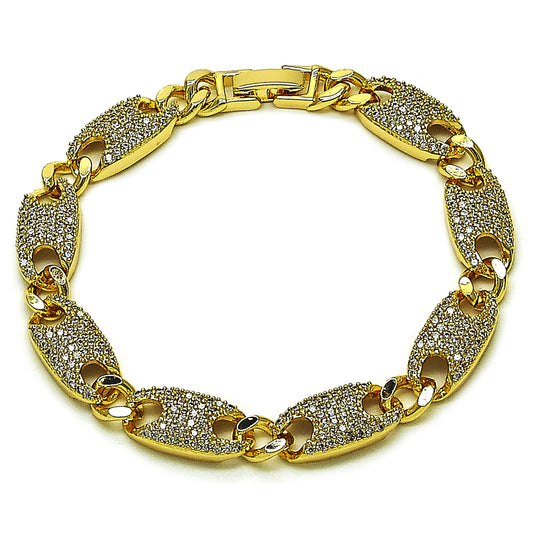 Oro Laminado Fancy Bracelet, Gold Filled Style Puff Mariner and Figaro Design, with White Cubic Zirconia, Polished, Golden Finish