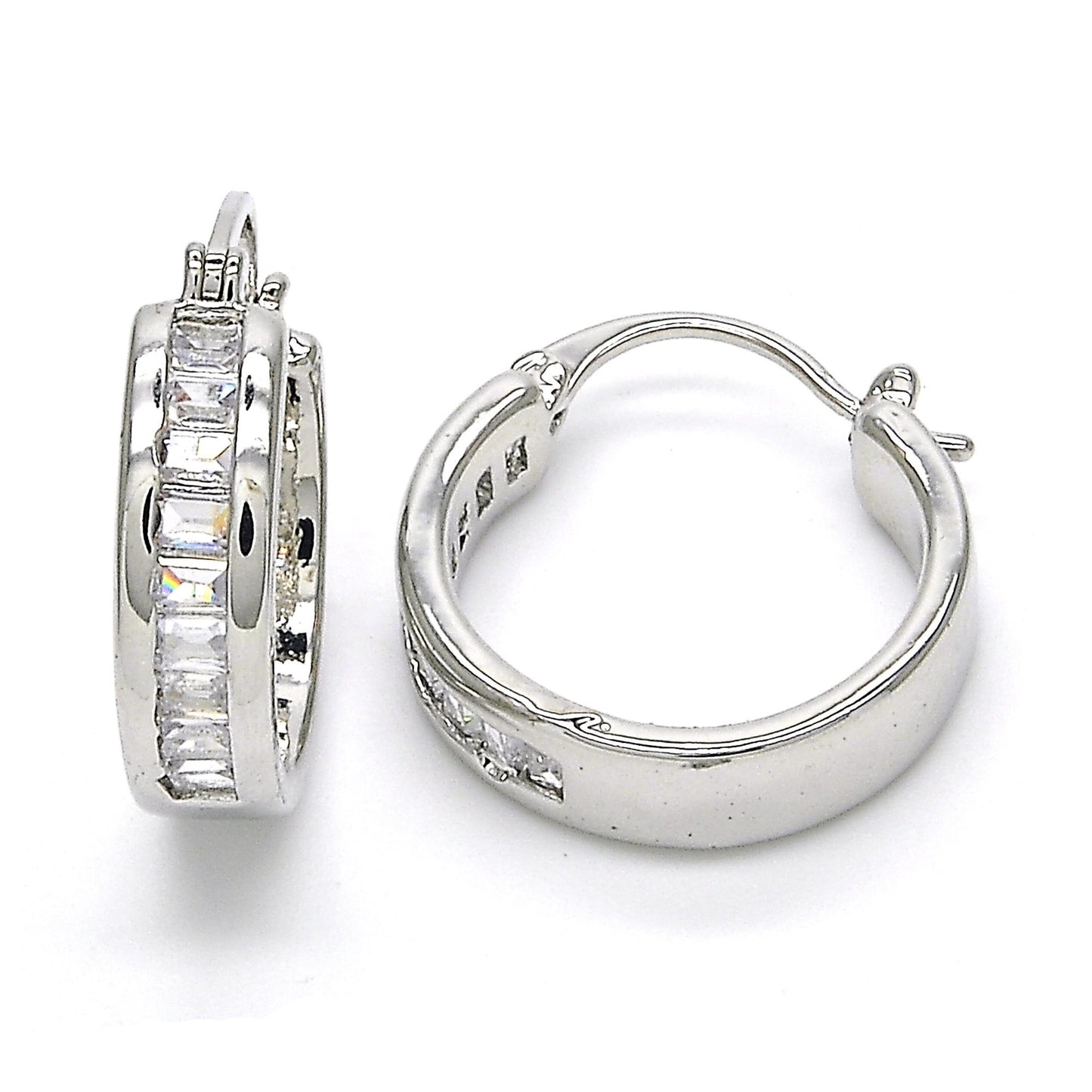 Rhodium Plated Small Hoop, with White Cubic Zirconia, Polished, Rhodium Finish