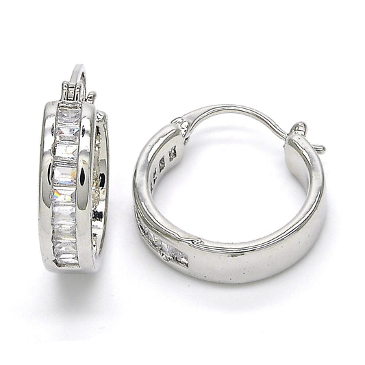 Rhodium Plated Small Hoop, with White Cubic Zirconia, Polished, Rhodium Finish
