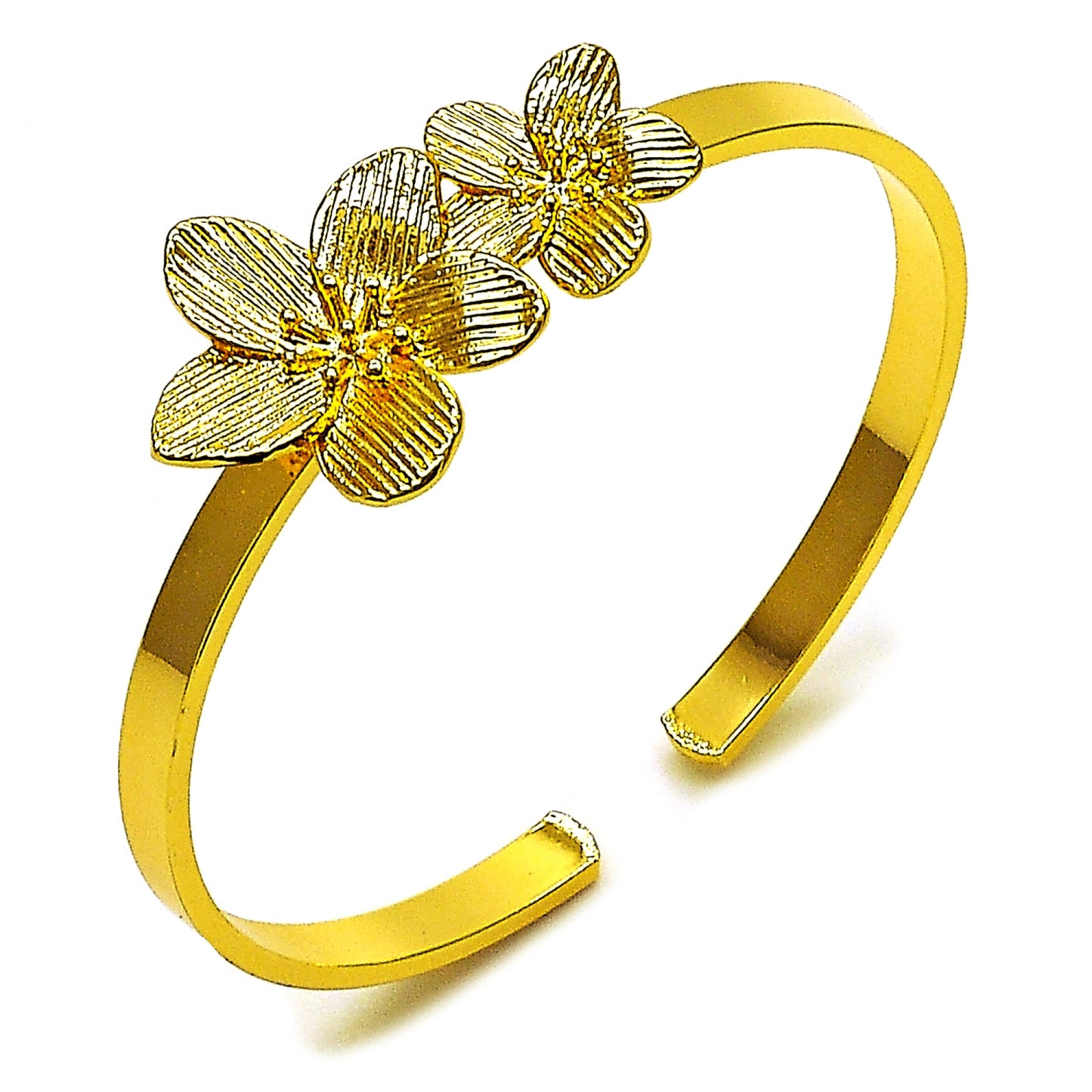 Oro Laminado Individual Bangle, Gold Filled Style Flower Design, Diamond Cutting Finish