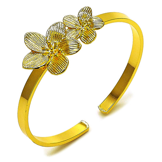 Oro Laminado Individual Bangle, Gold Filled Style Flower Design, Diamond Cutting Finish