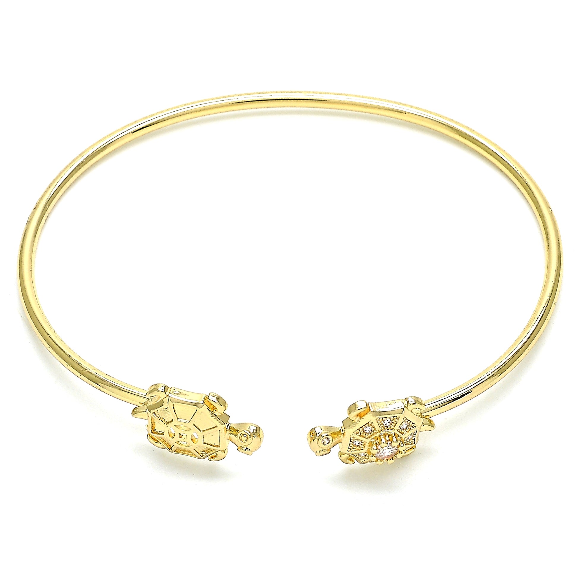 Oro Laminado Individual Bangle, Gold Filled Style Turtle Design, with White Micro Pave, Polished, Golden Finish
