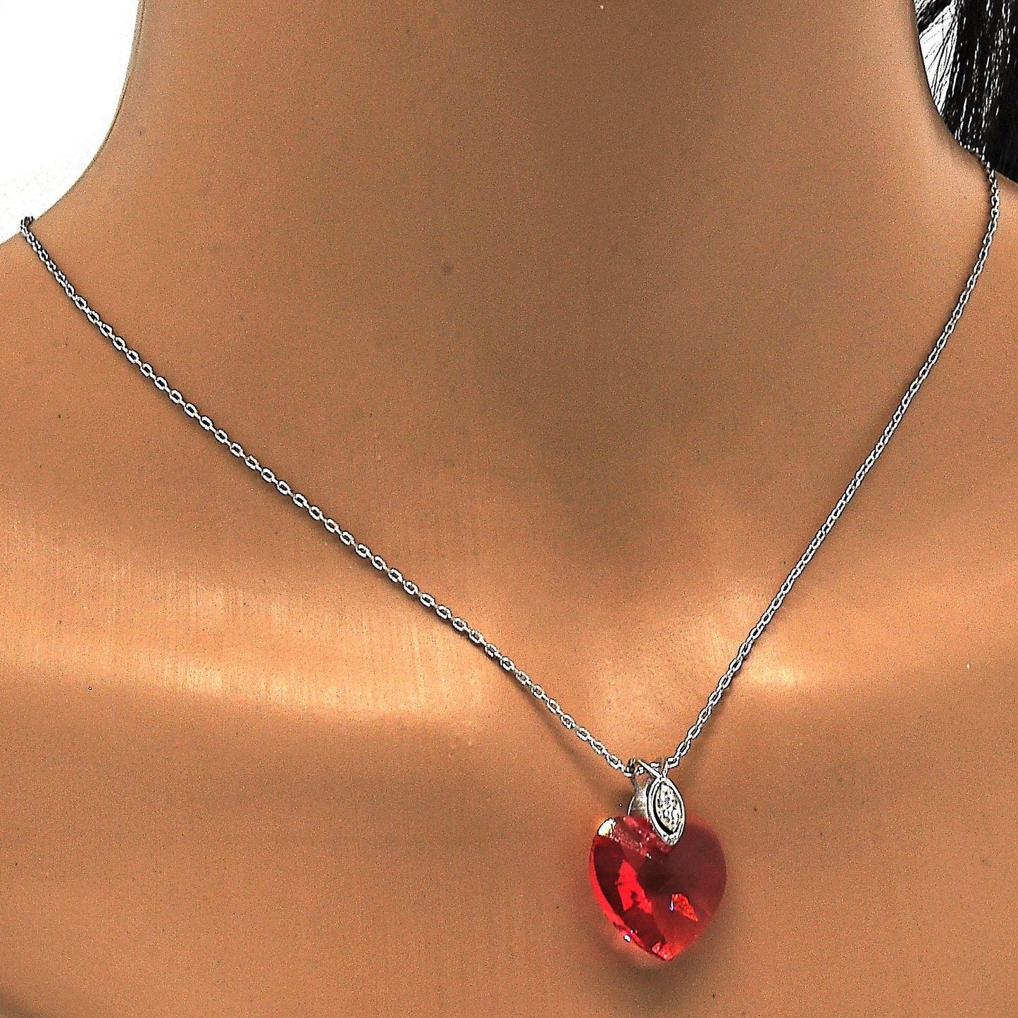 Rhodium Plated Pendant Necklace, Heart Design, with Padparadscha Swarovski Crystals and White Micro Pave, Polished, Rhodium