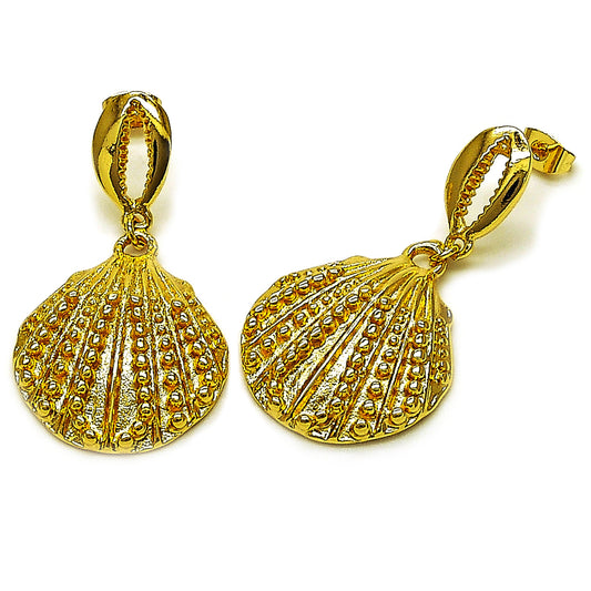 Oro Laminado Dangle Earring, Gold Filled Style Shell Design, Polished, Golden Finish