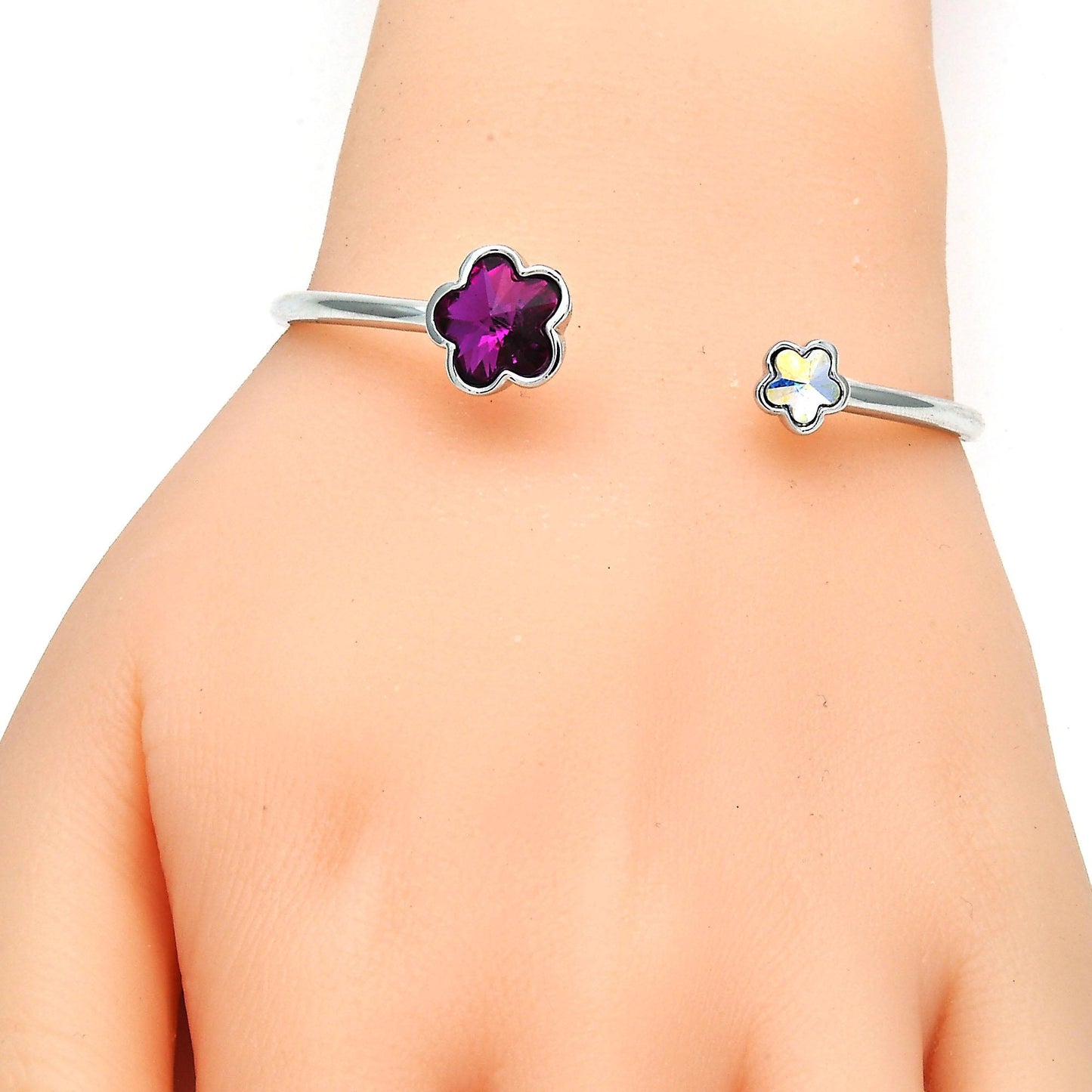 Rhodium Plated Individual Bangle, Flower Design, with Fuchsia and Aurore Boreale Swarovski Crystals, Polished, Rhodium Finish