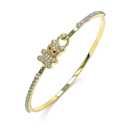 Oro Laminado Individual Bangle, Gold Filled Style Teddy Bear Design, with White and Garnet Micro Pave, Polished, Golden Finish